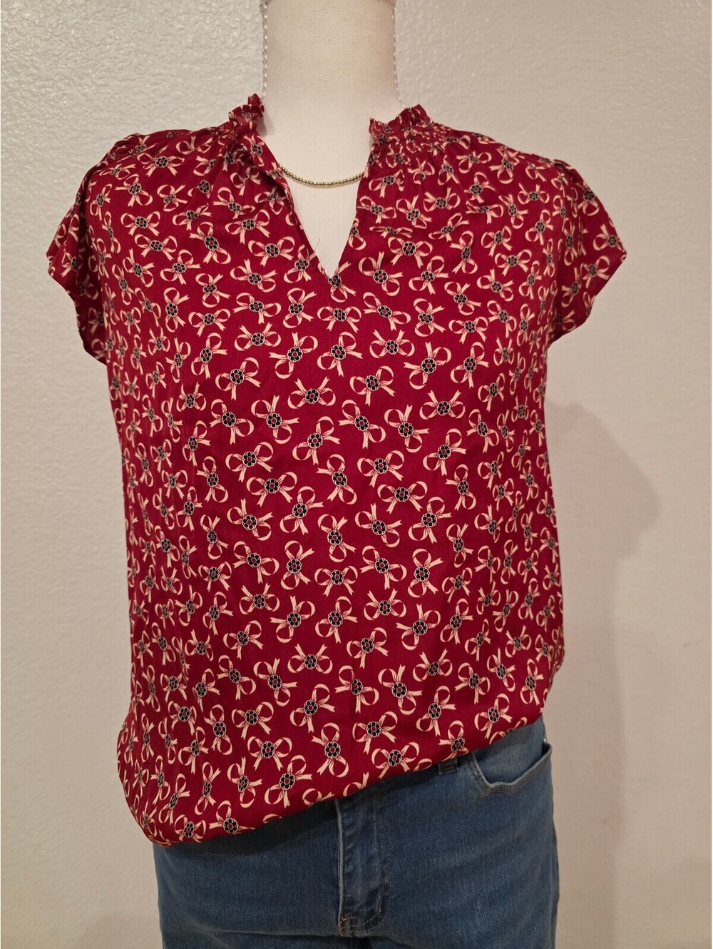 Maison d’Amélie Paris Red Bow Print Blouse – XS 🎀
